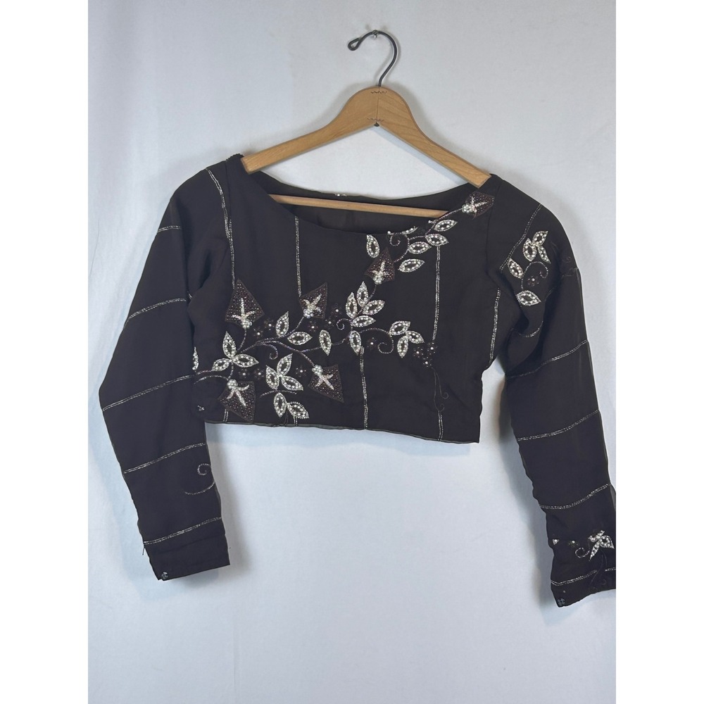 Choli Blouse Women Small Brown Excellent Beaded Pearl Floral Crop Top